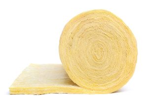 Roll of fiberglass insulation material, isolated on white background.