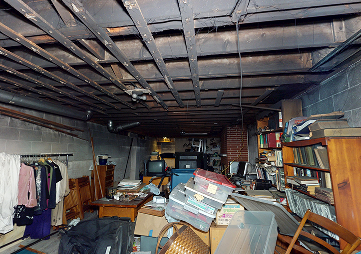 A fire damaged basement before Swartz Restoration restored the property.